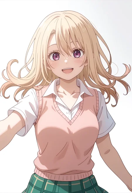 score_9_up,score_8_up,score_7_up,<lora:Mona KAWAII -1.0_pony-000020:1>,
(HY)_CJ,solo,blonde hair,looking at viewer,long hair,pink sweater vest,collared shirt,white shirt,collarbone,closed mouth,hair between eyes,purple eyes,simple background,smile,upper teeth only,cowboy_shot,plaid,green skirt