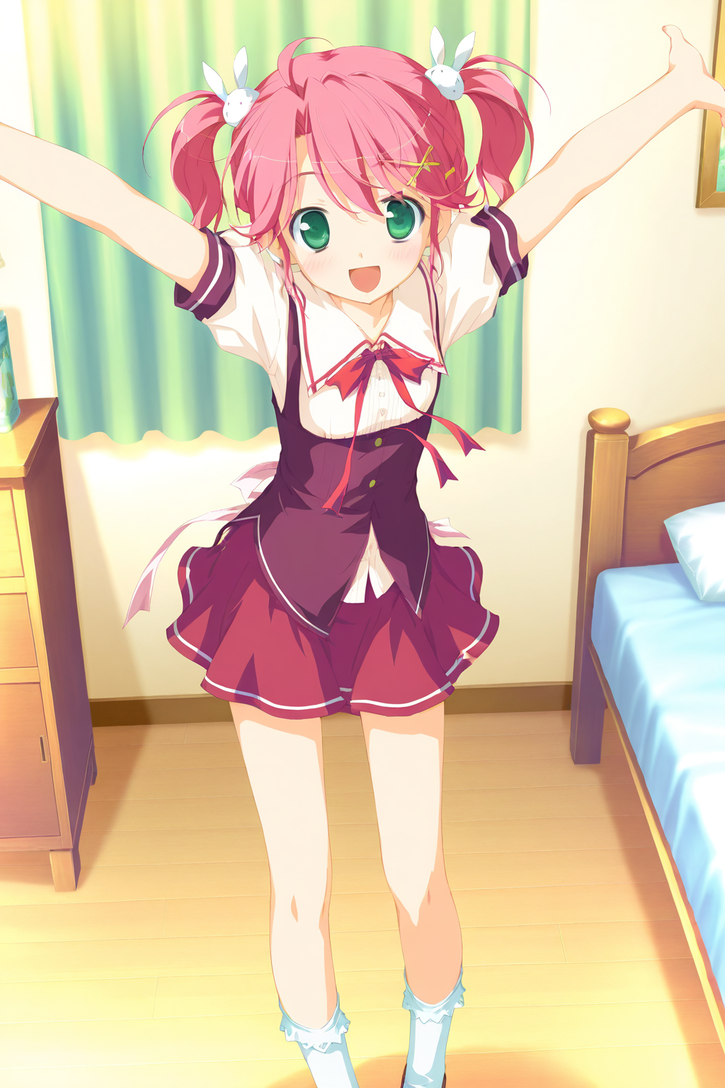 masterpiece,best quality,good quality,rating safe,memoriaimouto,kogasaka chinami,hoshizora no memoria, 1girl, solo,pink hair, rabbit hair ornament, twintails, hair ornament, green eyes,yellow hairclip, short hair, school uniform, skirt,white socks,game cg,blush,bedroom,standing,looking at viewer,XD,Arms Up, outstretched arms,open mouth,smile,happy