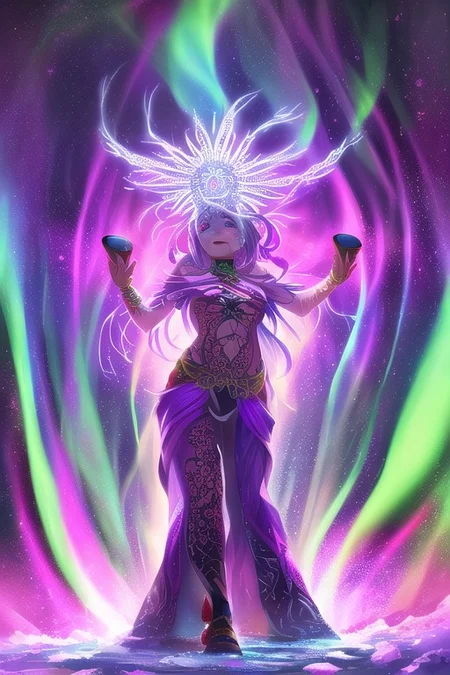 Ice-skinned girl dances in the snow, beats a tambourine. Arctic, The night sky with the aurora borealis (An image with very contrasting and vivid psychedelic colors) (OverallDetail, DaSa, psychedelic)