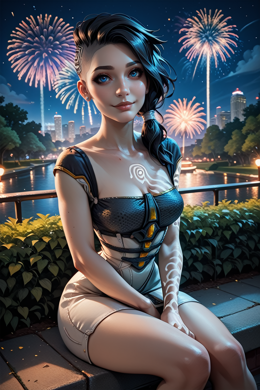 score_9, score_8_up, score_7_up, score_6_up
<lora:BLAngel:1.0>
BLAngel, 1girl, black hair, long hair, blue eyes, undercut, tattoo, looking at viewer, sitting, at night, fireworks, park, looking up, smile