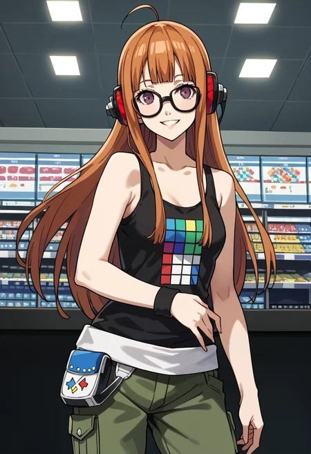 score_9, score_8_up, source_animem
1 girl, solo, cute face,
p5futaba, sakura futaba, long hair, glasses, blunt bangs, orange hair, ahoge
p5futaba-summer, behind-the-head headphones, black tank top, bare shoulders, cargo pants, tetris, grey pants, fanny pack, wristband,
computer store, standing, looking at viewer, smile,
masterpiece, best quality, ultra detailed,