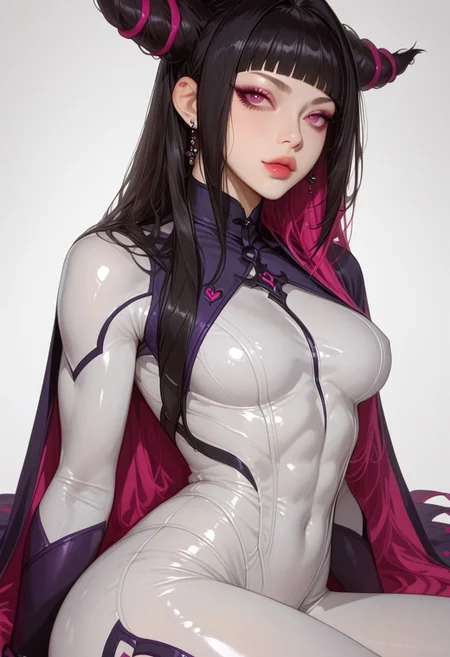 Expressiveh, morimee_style, jsyu_style, 2025. 03, 
(1girl, solo), masterpiece, best quality, newest, absurdres, highres, bodysuit, white bodysuit, han juri /(street_fighter/), two-tone hair, black hair, multicolored hair, hair horns, asymmetrical bangs, abs