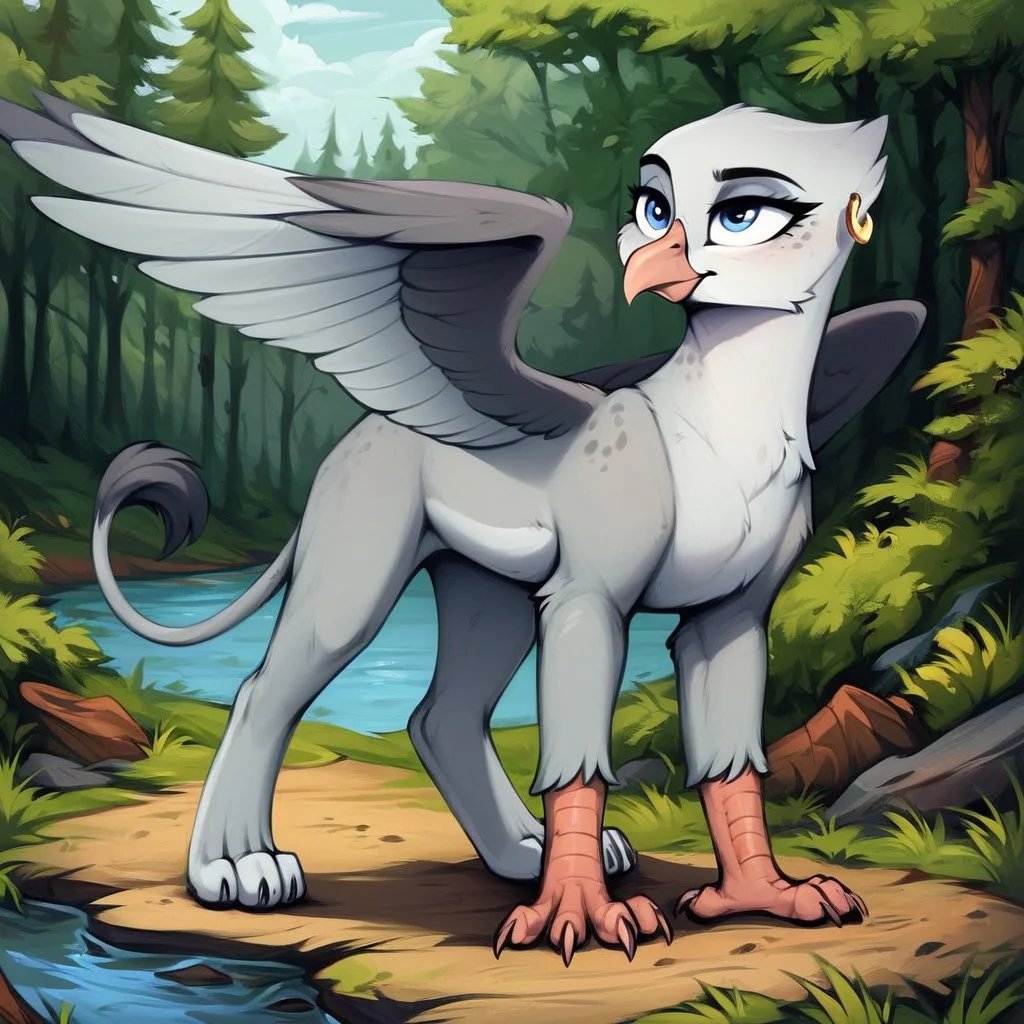 masterpiece, score_9_up, score_8_up, score_7_up, score_6_up, (best quality:1.1), ultra-detailed, high resolution, solo, Blackrock, griffon, mlp, avian, feral, female, long eyelashes, eyebrows, (((beautiful detailed light blue eyes))), beak, gray-white feathers, gray freckles, feathery ears, tail, wings, earring, full body, standing, expressiveh, highly visible, sharp focus, anatomically correct, expressiveh, highly visible, sharp focus, anatomically correct, detailed background, outside, outdoors, spruce forest in the background, river with a rocky outcrop