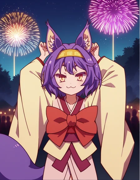 score_9, score_8_up, score_7_up, source_anime, <lora:izuna-hatsuse-s1-ponyxl-lora-nochekaiser:1>, izuna hatsuse, short hair, animal ears, purple hair, hairband, animal ear fluff, fox ears, slit pupils, yellow eyes,, bow, tail, japanese clothes, wide sleeves, kimono, fox tail, short kimono,, festival, fireworks, summer night, food stall, traditional, arms up,, smile, looking at viewer, smug, solo,, cowboy shot, dutch angle