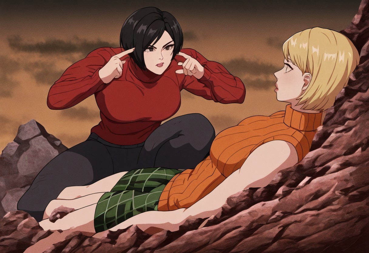 masterpiece, best quality, newest, absurdres, highres,  anime, anime style, TMTMEEV1.1-Fullscene,
BREAK
TMTMEMEV1.1-Role:Mark, lying, lying on rock, rock, 1girl, ashley graham \(resident evil\), blonde, orange shirt, blonde hair, orange sweater, sleeveless, sleeveless sweater, sleeveless tutrleneck, turtleneck, short hair, curtained hair,

BREAK
TMTMEMEV1.1-Role:Nolan, suqt, squating, pointing at self, 1girl, Ada_wong, /(resident evil/), asian, asian female, short hair, black hair, sweater, red sweater,




