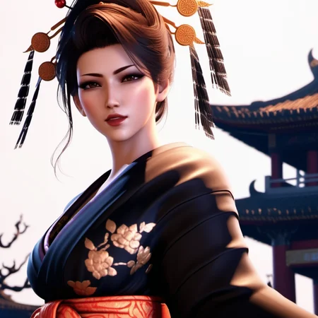 Ultra realistic extremely beautifully detailed 8k picture of 1 gorgeously cute and cool ff7 madam m exploring a forbidden city at night, extremely detailed eyes mouth and facial features, gorgeous breathtaking composition and epic cinematic lighting <lora:ff7 madam m:0.8>