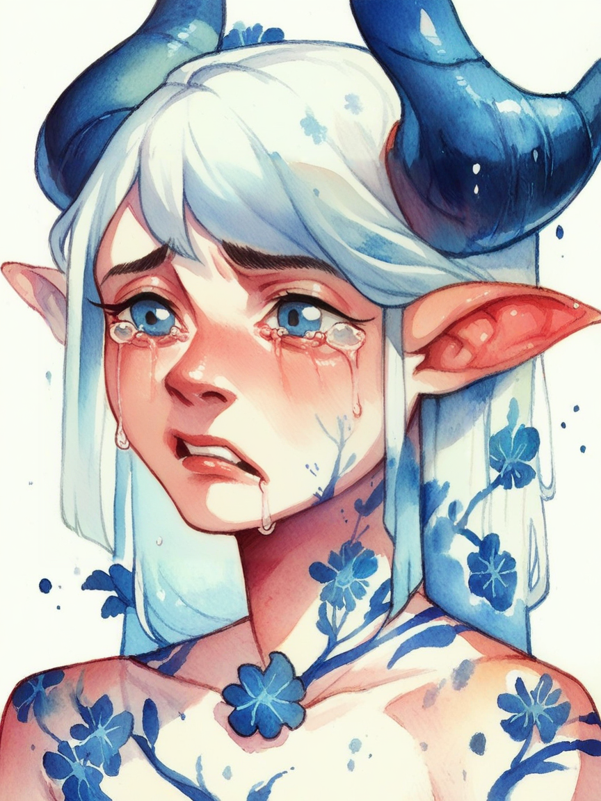 score_9, score_8_up, score_7_up, score_6_up, <lora:blu31nk:0.7> blu31nk, solo, 1girl, white hair, traditional media, watercolor, white background, white and blue, blue vines and floral, horns, tears