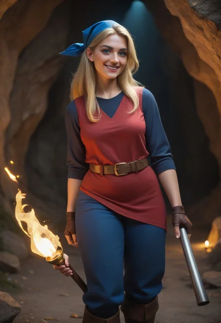 masterpiece, best quality, very aesthetic, absurdres,
score_9, score_8_up, score_7_up,score_6_up, score_5_up, score_4_up , 1girl, cadence, blue eyes, blonde hair, long hair,
thick thighs, blue bandana, red tunic, fingerless gloves, brown boots, belt, blue pants,
standing,
smile, holding torch, cave background <lora:CadenceIllustriousXL_byKonan:1>