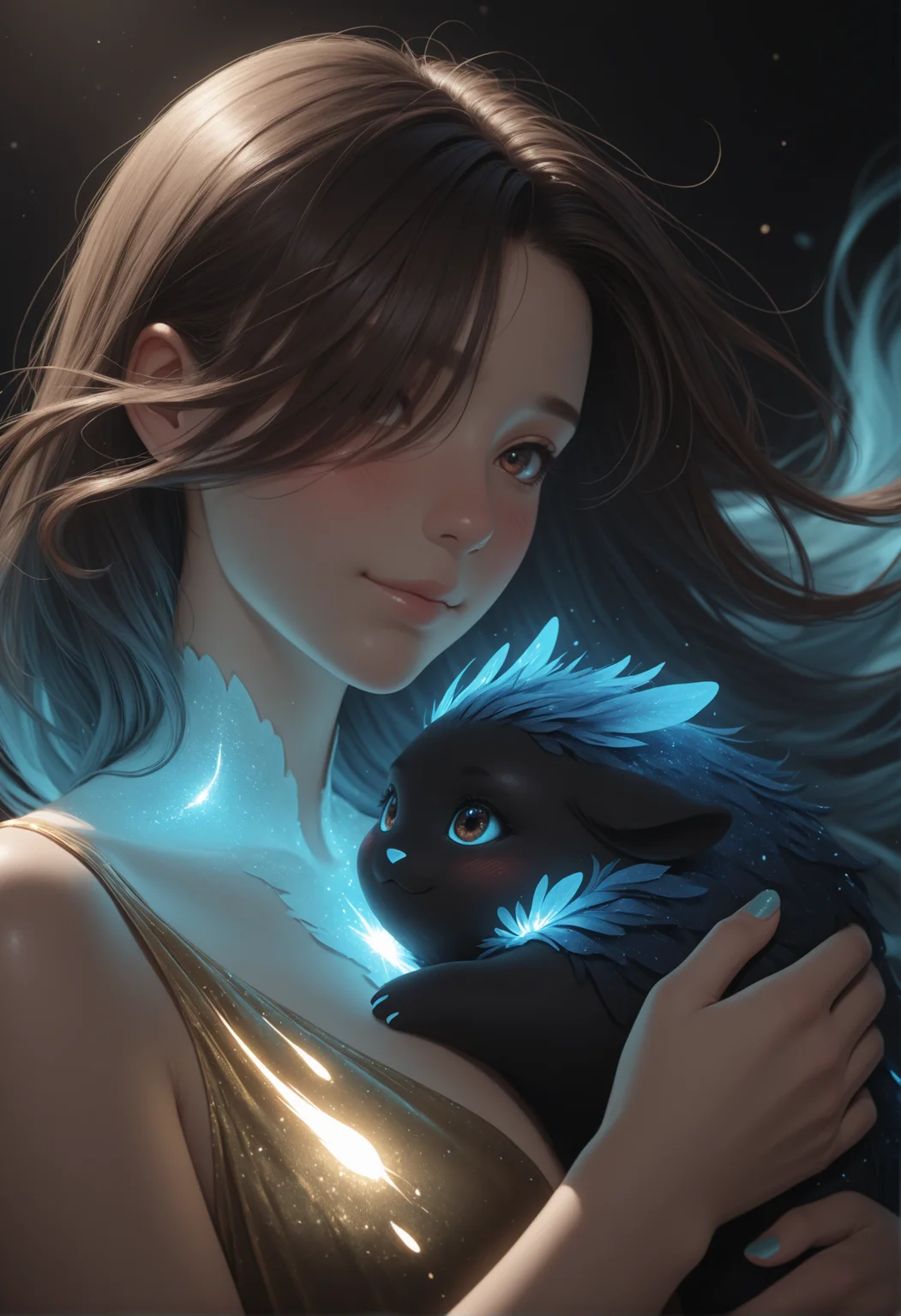 masterpiece, best quality, absurdres, gradient, face focus, detailed eyes, very awa, nail polish, glossy skin, realistic skin,
1girl, cinematic, dramatic atmosphere,
dynamic hand motion, blush,
golden dress,
hair over eye, brown eyes,
dynamic angle,
hands, hugging fluffy creature, black creature, cute fluffy creature,
gentle smile,
lumireij, bioluminescence, glowing threads, blue particles, dark, <lora:LUMIreij:1>