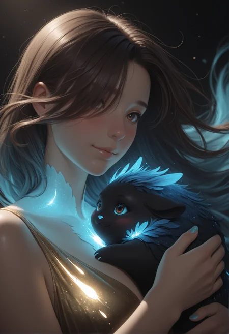 masterpiece, best quality, absurdres, gradient, face focus, detailed eyes, very awa, nail polish, glossy skin, realistic skin,
1girl, cinematic, dramatic atmosphere,
dynamic hand motion, blush,
golden dress,
hair over eye, brown eyes,
dynamic angle,
hands, hugging fluffy creature, black creature, cute fluffy creature,
gentle smile,
lumireij, bioluminescence, glowing threads, blue particles, dark, <lora:LUMIreij:1>