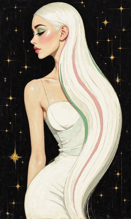 Medium shot art deco style illustration with stylized lighting presents a woman in the center, her body facing directly forward, head turned slightly right with a sleek poise, her body pose is elegantly curved to the right, forming a stylized S shape, her face is in a three-quarters view, looking towards the right side of the image with refined grace, her arms are not visible, the image is composed of clean lines and stylized forms, the woman's sleek, long white hair is the dominant element, starting from her head and flowing downwards and outwards, occupying a significant portion of the image in a smooth, wave-like design, her face displays streamlined features with large, stylized green eyes, a small, refined nose, and a subtle, elegant smile with a hint of rosy blush on her cheeks, her eyes are large and almond-shaped, framed by dark, stylized eyelashes and sleek, subtly defined eyebrows, her hair is rendered with smooth, flowing lines, primarily pure white with stylized duo pastel highlights of light green and soft pink integrated throughout its sleek strands, she is dressed in a simple white, streamlined dress, its form suggested by minimal folds and a polished appearance, appearing as a garment of art deco elegance, she wears no visible accessories, the background is a flat black color, providing a bold, contrasting backdrop that emphasizes the stylized lines and forms, stylized, even lighting illuminates the woman and her hair from the front, casting sharp, stylized shadows and highlights that accentuate the geometric forms and elegant lines of the hair and dress, a scattering of small, geometric yellow stars are sparsely distributed in the black background, adding subtle points of stylized light to the deco scene., <lora:FLUX-daubrez-DB4RZ-v2:0.35> DB4RZ, DB4RZ style painting
<lora:MoriiMee_Gothic_Niji_Style__FLUX_LoRA_Test_2:0.35>
<lora:aidmaMJ6.1_v0.5_3:0.35> aidmamj6.1, aidmamj6