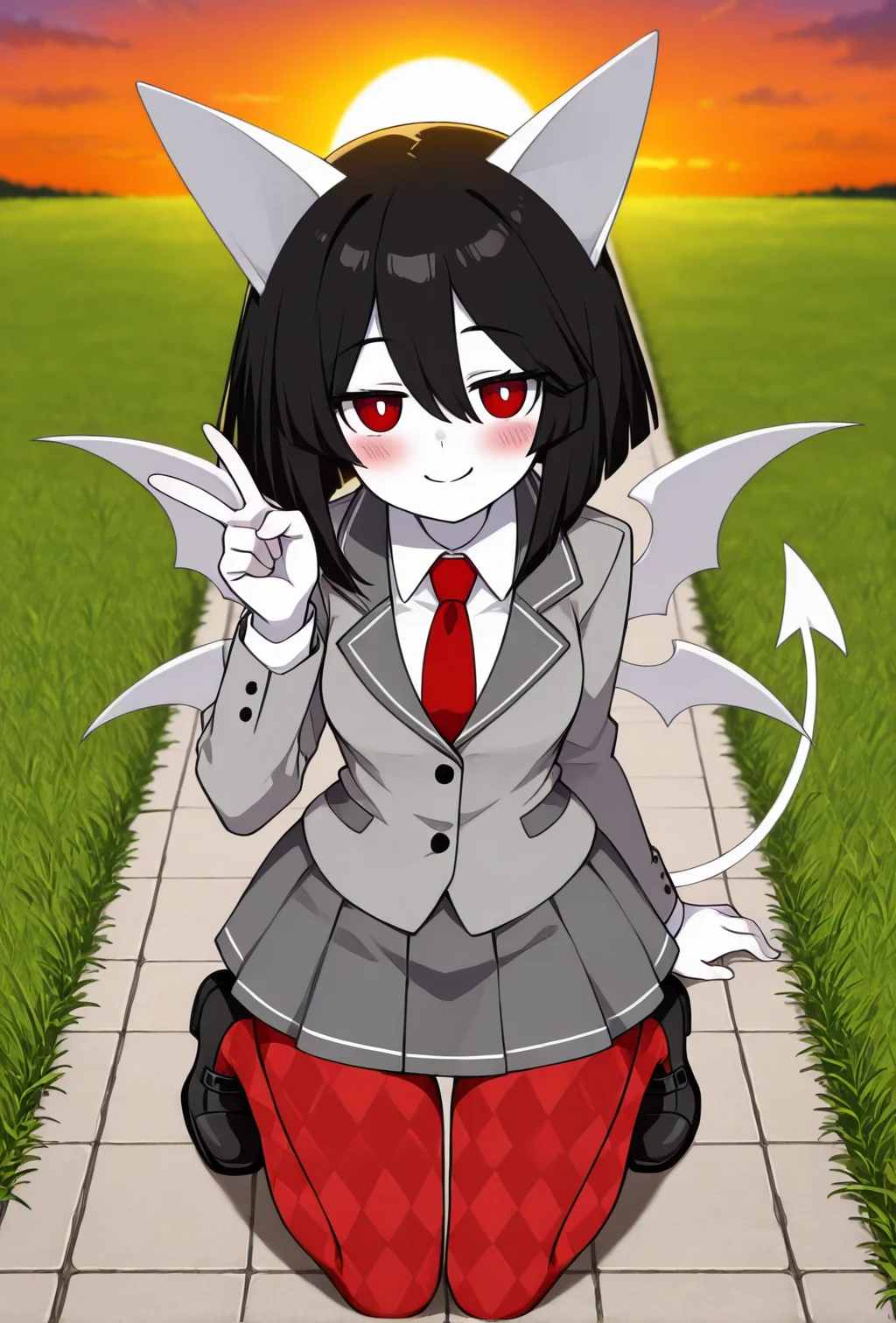 masterpiece, best quality, superior quality, amazing quality, maximum quality, ultra-detailed, detailed face, detailed hands, highly detailed eyes, highest resolution, high res, absurd res,1girl, arbusokeg,animal ears,black hair,demon tail,demon wings,hair between eyes,white_horns,white skin, argyle legwear,black footwear,collared shirt,grey jacket,grey skirt,long sleeves,miniskirt,necktie,red eyes,red necktie,red pantyhose,school uniform,white pupils,white shirt,kneeling_down,v,smile,eyes_half_closed, ((medium_breasts)), wide_hips,looking_at_viewer,from_above,((dutch_angle)),outdoors,sunset backgrond,grass,anime screencap,anime coloring,sky,sun,blush