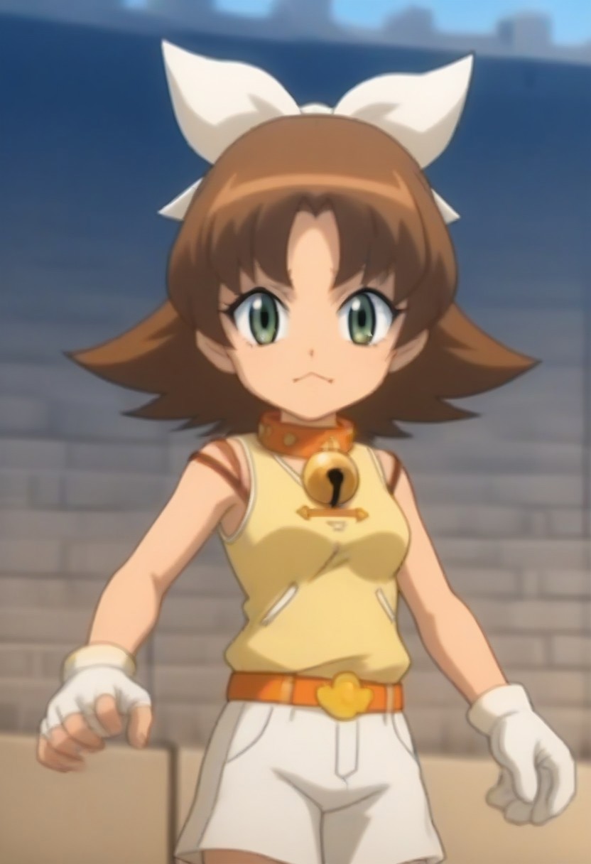 source_anime, anime screencap, source_anime, auratheguillotine, anime screencap, masterpiece, source_anime, shiny skin,,,,,,,,, bare shoulders,,, motti, brown hair, green eyes, nekoguchi, bell collar, orange collar, bangs, hair ribbon, white ribbon, medium hair, yellow tank top, tank top, exposed arms, sleeveless,, white shorts, orange belt, white boots, white gloves, one paw glove, one fingerless glove,
