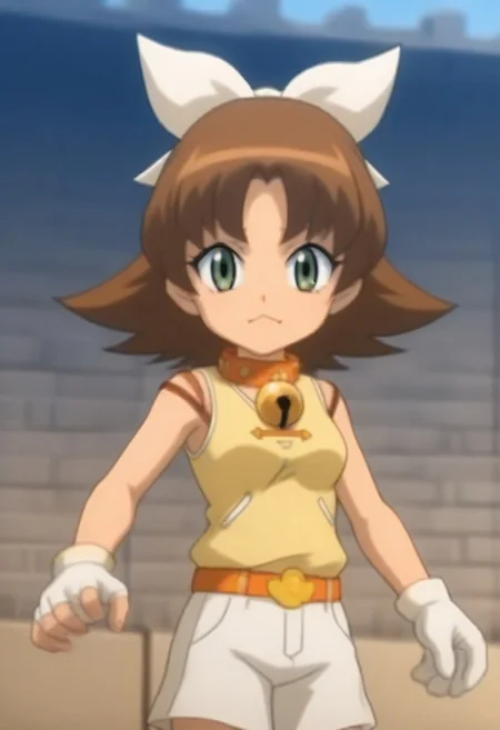 source_anime, anime screencap, source_anime, auratheguillotine, anime screencap, masterpiece, source_anime, shiny skin,,,,,,,,, bare shoulders,,, motti, brown hair, green eyes, nekoguchi, bell collar, orange collar, bangs, hair ribbon, white ribbon, medium hair, yellow tank top, tank top, exposed arms, sleeveless,, white shorts, orange belt, white boots, white gloves, one paw glove, one fingerless glove,