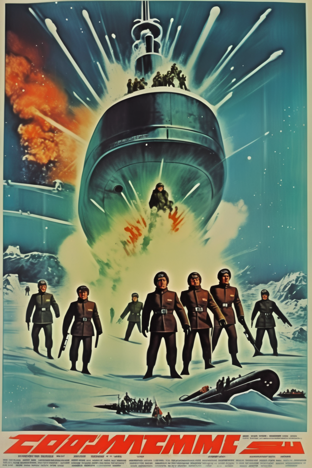 <lora:Movie Poster:1>Movie Poster - a movie poster to a movie from 1973 picturing a submarine in a polar environment. An explosion. Soldiers with guns.