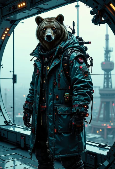 A digital artwork in the style of cknc, upper body close up face shot of a mysterious cyberpunk grizzly bear looking at the viewer, direct eye contact. , They wear a long, insulated trench coat made of reflective, metallic fabric that shimmers in the pale sunlight. The coat has a high collar, partially concealing their face, while their head is covered by a hood lined with futuristic gadgets—small sensors and antennas scanning the environment. Their eyes, visible beneath the hood, have a faint glow, suggesting cybernetic enhancements. inside the observation deck of Artemis Station, where sleek, transparent walls stretch across the curved room, offering an uninterrupted view of the cold fog-covered world below. Through the thick fog, faint outlines of distant towers can be seen, their lights flickering like fireflies in the mist. Inside, the room is minimalistic, with glossy black and white surfaces reflecting the soft ambient glow of the station's internal lighting. A series of floating holographic interfaces hover near the glass, displaying cryptic data in neon blue and orange. The cold metallic floor subtly vibrates with the pulse of the station's machinery. The camera angle is from the far corner, giving a wide-angle view of the panoramic window, capturing the vastness of both the interior and the eerie, endless fog outside. Rays of diffused light from above occasionally penetrate the fog, casting ethereal reflections on the transparent walls.