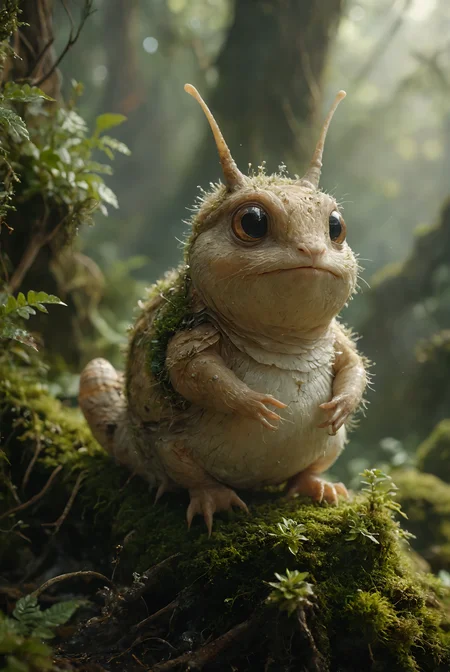 The cutest little creature on Earth, an undiscovered species. It has translucent skin, large, clear eyes, and delicate hands and legs. Its skin ranges from green to beige and is adorned with stripes, adding a playful pattern to its appearance. The creature has large, pointed ears that stick out sideways, giving it an endearing and whimsical look. It has chubby cheeks and two small antennae on its head, similar to those of a snail, adding a unique charm. The creature is sitting on a moss-covered branch, blending perfectly with the natural surroundings. The scene should evoke a sense of wonder and innocence, highlighting the creature's fragile beauty and enchanting appearance.
sharp focus, hyperdetailed photography, masterpiece, best quality, high quality, highres, ultra-detailed, best quality, 8K, high resolution, extreme detail, (outstanding composition:1.4)
<lora:add-detail-xl:2> <lora:MJ52:0.5> <lora:great_lighting:2> great lighting <lora:ral-fntsyrlms-sdxl:0.4> ral-fntsyrlms