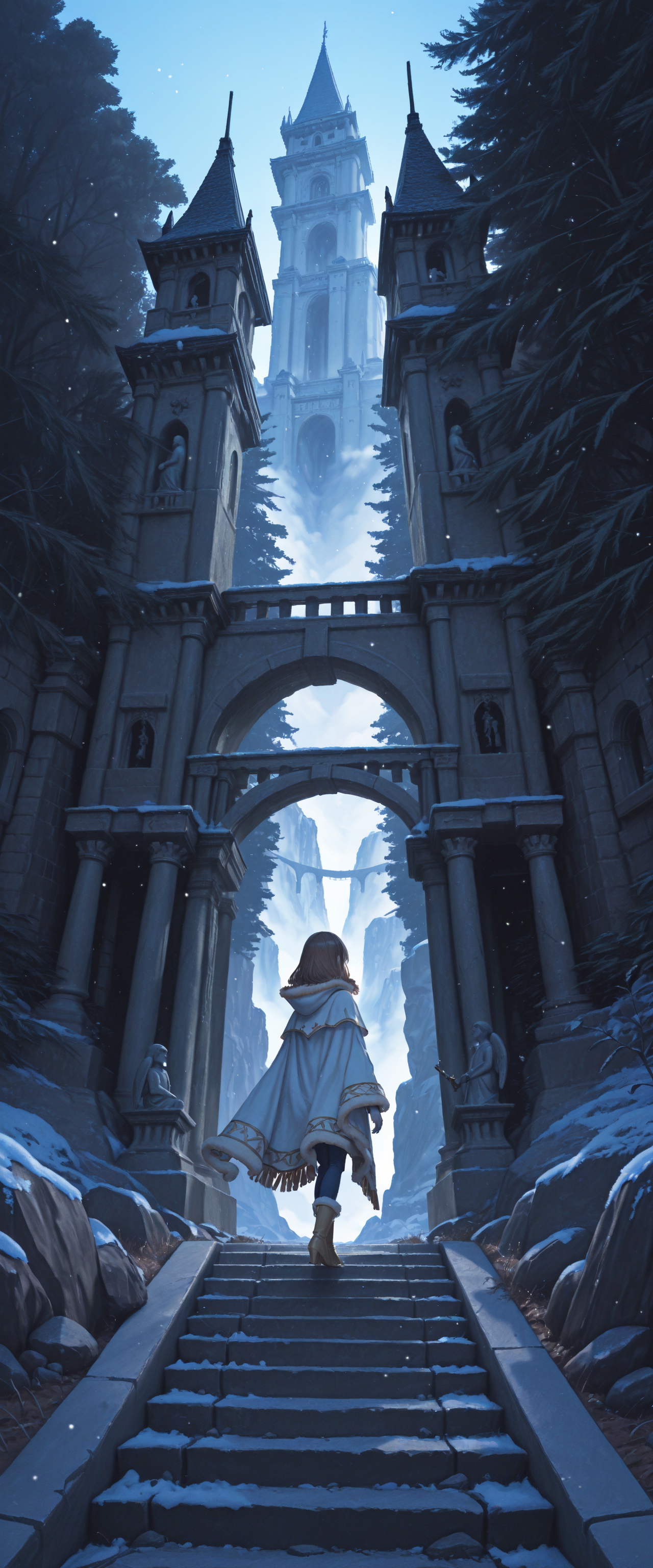 LL-Illu, 1girl angel_statue arch blue_sky boots bridge brown_hair castle city_lights cloak dawn facing_away fir_tree footprints forest fur-trimmed_cloak fur_trim high_up horizon landscape medium_hair mountain nature outdoors pants path rock scenery sky snow solo stairs standing statue stone_stairs tower town tree 
absurdres, masterpiece, gradient, high_quality, newest, incredibly_absurdres, very_aesthetic, depth_of_field, grainy_texture, film_grain blender_\(artwork\), zbrush_\(artwork\), digital_painting_\(artwork\) light_particles, painterly, raytraced, blending, volumetric_lighting