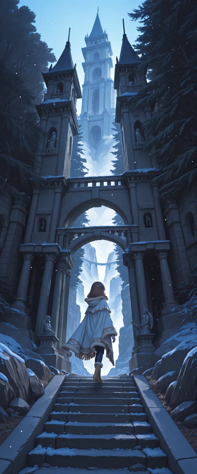 LL-Illu, 1girl angel_statue arch blue_sky boots bridge brown_hair castle city_lights cloak dawn facing_away fir_tree footprints forest fur-trimmed_cloak fur_trim high_up horizon landscape medium_hair mountain nature outdoors pants path rock scenery sky snow solo stairs standing statue stone_stairs tower town tree 
absurdres, masterpiece, gradient, high_quality, newest, incredibly_absurdres, very_aesthetic, depth_of_field, grainy_texture, film_grain blender_\(artwork\), zbrush_\(artwork\), digital_painting_\(artwork\) light_particles, painterly, raytraced, blending, volumetric_lighting