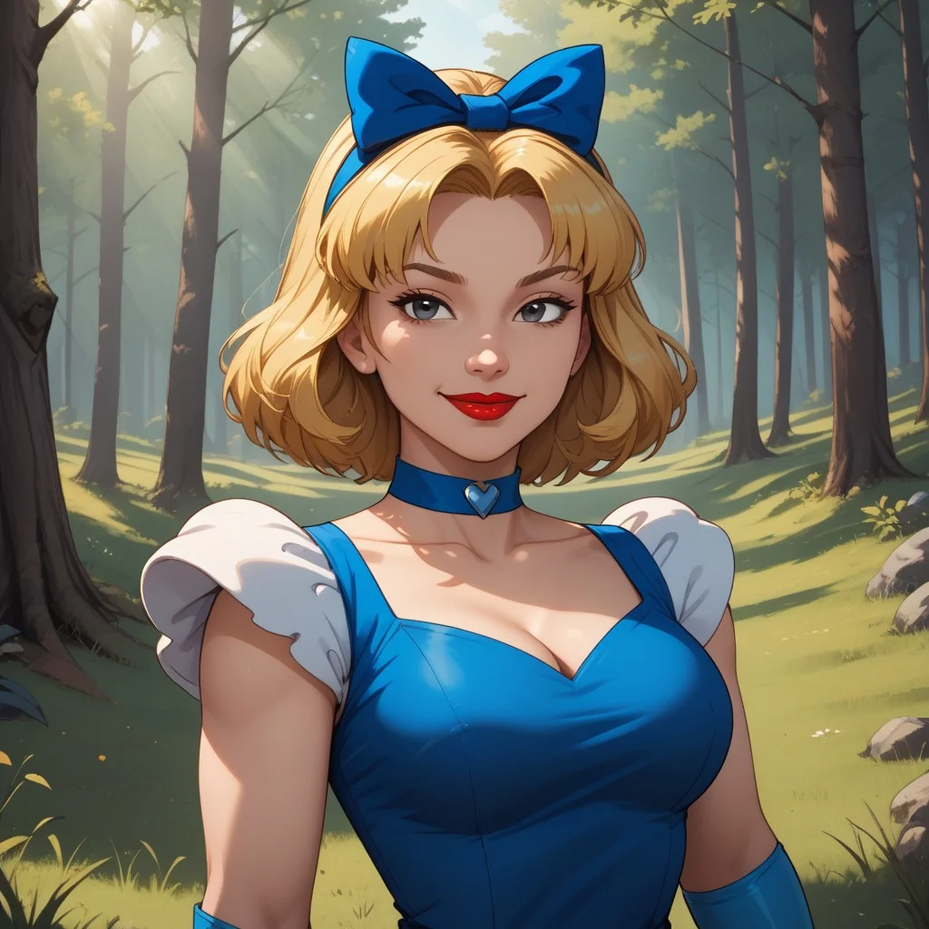 score_9, score_8, BREAK, solo, Cosroumy, 1girl, short blonde hair, blue headband, blue head bow, black eyes, red lips, lipstick, blue choker, blue short dress, white puffed sleeves, light blue long gloves, blue mary janes, sexy pose, self portrait, smile, looking at viewer, outdoors, sunlight, shadows, evening lighting, natural lighting, forest, trees, grass, orange sky, sunset
