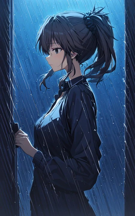 1girl, yuzuri\(memories off 8\), solo, black eyes, hair scrunchie, brown hair, ponytail, one side up, rain, umbrella, profile, night, upper body, masterpiece, best quality, very aesthetic, absurdres, vivid colors, highres, 4k, 8k, intricate detail, cinematic lighting, wallpaper, <lora:yuzuri_v_1_4-000006:1> <lora:aesthetic_anime_v1s:1>