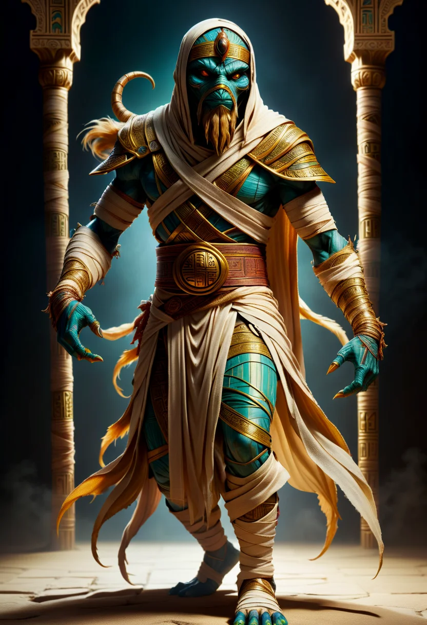 hyper detailed masterpiece, dynamic, awesome quality, hinn, Mythical creatures similar to jinn, shape-shifting abilities, invisible, associated with various natural phenomena, benevolent, deeply woven into Middle Eastern folklore, wrapped in bandages <lora:DonMM00m13sXL:1>