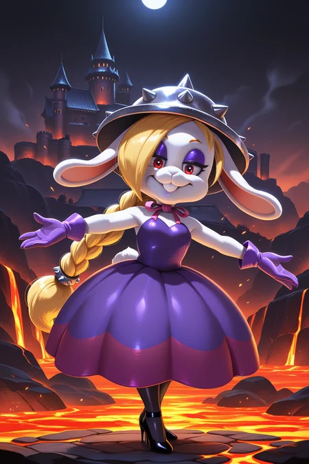 masterpiece, best quality, amazing quality, absurdres, mariohariet, blonde hair, single braid, white skin, furry female, rabbit girl, solo, smile, half-closed eyes, confident, outstretched arms, looking at viewer, spiked helmet, purple dress, purple gloves, black stiletto heels, outdoors, castle, east asian architecture, dark lighting, dark atmosphere, magma, lava, sparks, steam