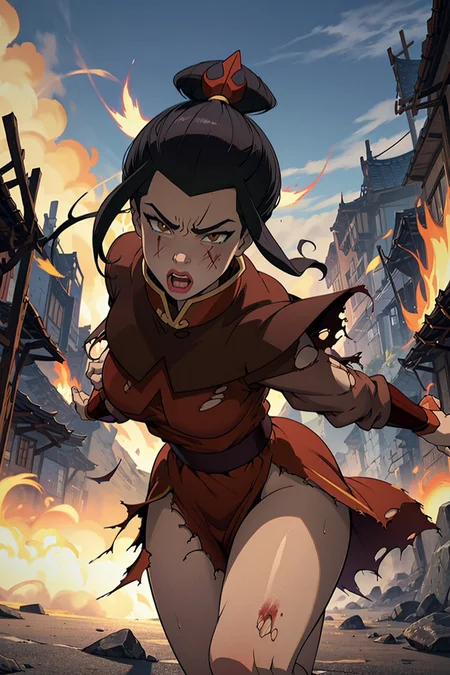fighting, azula, loose hair, [black hair, topnot], brown eyes, [short hair], flowing hair, action shot, wind in hair, (afraid look), [surprised look], skintight clothes, [japanese clothes], large breasts, pronounced female figure, areola slip, exposed skin, (torn clothes:1.2), [scar, blood, defeated, wounded], in feudal japanese background, blue fire power aura, blue flames, dynamic pose, dynamic view, perfect hands, [blue fire] <lora:Azula:1>