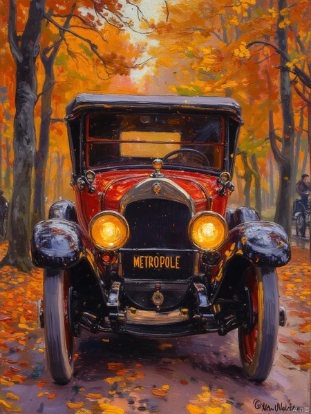 OByouhua,oil painting,This image is a vibrant, impressionistic painting depicting an autumn street scene. The foreground features a classic, early 20th-century car, painted in a rich red with a black hood and a prominent chrome grille. The car's headlights are illuminated, casting a warm, golden glow. The license plate reads "METROPOLE." The car's tires and the road beneath it are textured with visible pebbles and dirt, adding to the realistic feel of the painting.