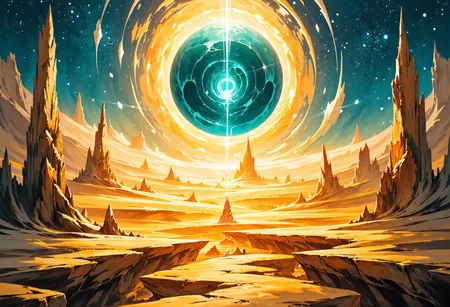 An awe-inspiring digital visual of an alien planet, where golden-brown mountain ranges sprawl across the horizon under a glowing sky. In the foreground stands an elaborate geometric structure made of luminous golden lines forming a cube-like space filled with floating terraces; small figures populate these platforms, emphasizing the grandeur of their surroundings. The sky is alive with celestial wonders—a massive turquoise and gold planet dominates the scene, surrounded by rocky moons and ethereal orbs that shimmer amidst stars in fiery oranges and icy blues. Golden geometric lines frame the entire composition, creating a layered perspective that draws the viewer into this surreal world. The interplay of warm sunlight on the terrain and cool turquoise hues in the sky creates an otherworldly ambiance that feels both structured and infinite. A striking fusion of cosmic mystery and architectural artistry, surreal sci-fi art, cosmic geometry, otherworldly landscapes.