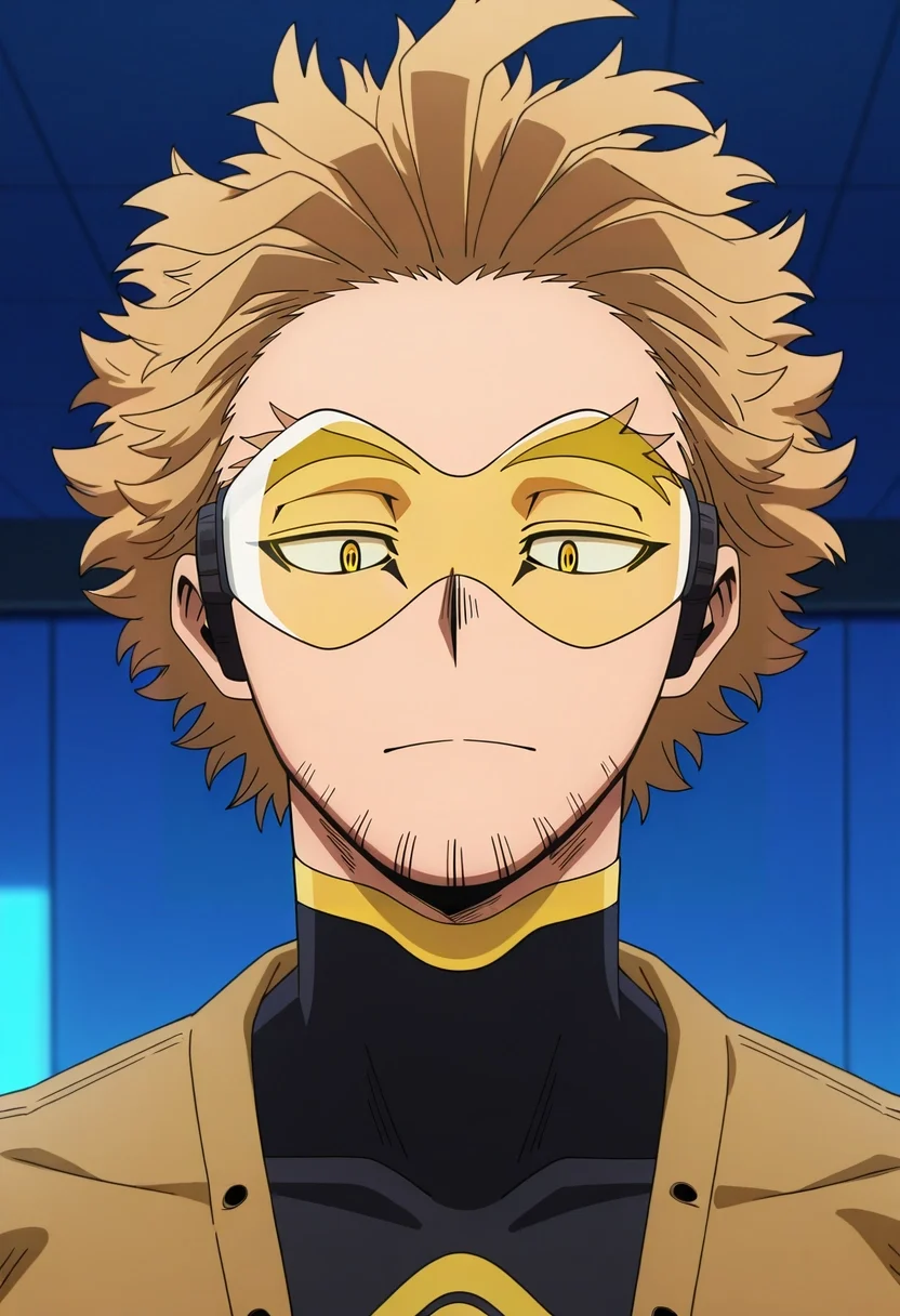 masterpiece, best quality, , anime screencap, , , , 1boy, solo, male focus, <lora:keigo_takami_ilxl:0.98>, keigo_takami, hawks \(boku no hero academia\), blonde hair, yellow eyes, short hair, facial hair, stubble, tinted eyewear, goggles, , scarecrow costume
