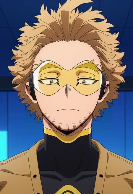 masterpiece, best quality, , anime screencap, , , , 1boy, solo, male focus, <lora:keigo_takami_ilxl:0.98>, keigo_takami, hawks \(boku no hero academia\), blonde hair, yellow eyes, short hair, facial hair, stubble, tinted eyewear, goggles, , scarecrow costume