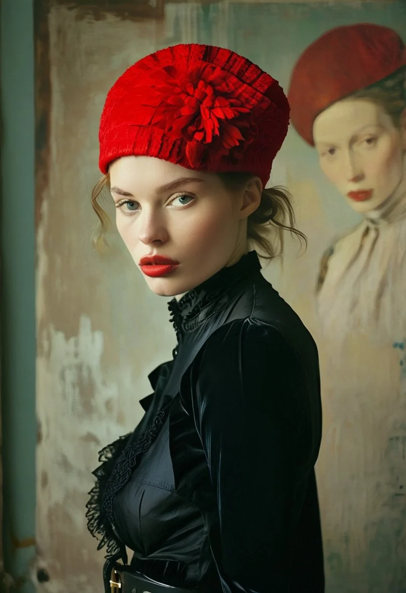 High fashion model photo, , irish woman, high detalied natural skin, (strange hair1.2), (like Orla Fitzgerald1.2), cute, suggestive, joyful expression, elegant, intense gaze, stylish, Fauvism Art of elegant clothes, gothic, style of David Alfaro Siqueiros, artwork by Klee and Kandiskhy, (red hat1.2), photo by (Paolo Roversi1.2),frontal view, studio lighting, in the style reminiscent of Vermeer's lighting techniques, , Bauhaus style background, low angle shoot, sharply focused, trending of artstation