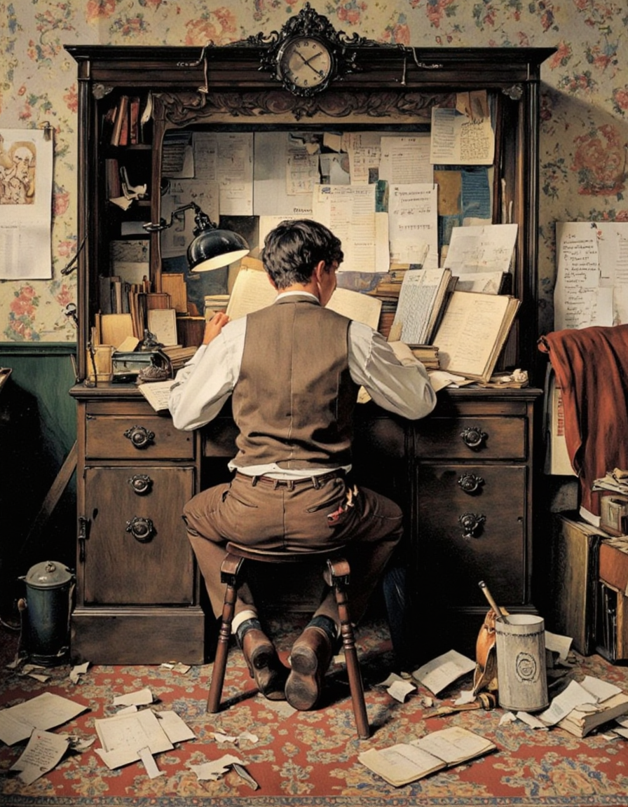 Art by Norman Rockwell. A vintage illustration from the front about a man sitting at a wooden desk, reading a book. the man, who appears to be in his late twenties, is sitting in the middle of the image, facing away from the viewer. he is wearing a brown vest over a white shirt, brown pants, and brown shoes. the desk is cluttered with papers, books, and a lamp, and there is a calendar on the wall behind him. on the right side of the desk. the room is dimly lit with a warm, inviting atmosphere, and the walls are covered in a patterned wallpaper. the floor is covered in scattered papers and books, giving the scene a cozy, homey feel.