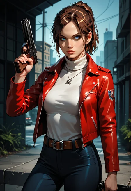 score_9,score_8_up,score_7_up,source_anime, Claire Redfield,1girl,solo,looking at viewer,short hair,blue eyes,brown hair,holding,jacket,ponytail,weapon,pants,belt,holding weapon,lips,gun,turtleneck,holding gun,handgun,realistic,trigger discipline,
