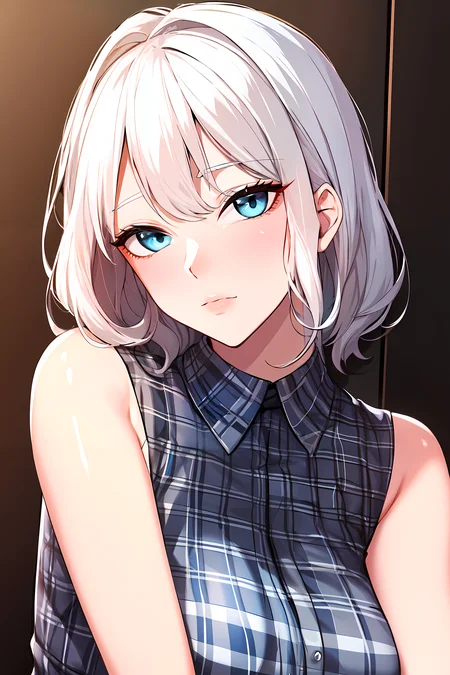 (masterpiece:1.2), best quality, 1lady, platinum white hair, cyan eyes,| beautiful face, goddess, checkered shirt, sleeveless shirt, upper body, <lora:my_friends:0.5>, looking at viewer,