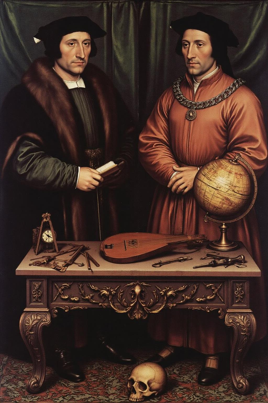 hansho1 painting.
A detailed, Renaissance-style painting inspired by Hans Holbein the Younger's The Ambassadors (1533). Two distinguished men stand side by side, dressed in luxurious 16th-century attire. The man on the left wears a long, dark fur-lined robe over a green tunic, holding a closed book, while the man on the right is adorned in a bright silk tunic and a large chain, resting his arm on a globe.
Between them, an elaborate wooden table displays an array of meticulously detailed objects symbolizing science, art, and exploration, including a lute with a broken string, a celestial globe, and various instruments like a quadrant and a sundial. The backdrop features a dark green curtain, and on the floor lies the famous anamorphic skull—a distorted, elongated image at the bottom of the composition. The lighting is soft yet precise, highlighting textures and intricate details, creating a scene rich with symbolism and Renaissance precision.
 <lora:hansho1_cap_d6a3e12:1.0><lora:816884397522478999:0>