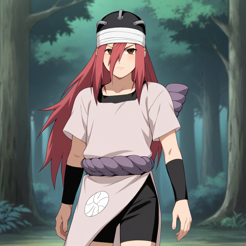 score_8_up, BREAK, 1girl, solo, tayuya, red hair, long hair, brown eyes, tunic, black arm warmers, black shorts, cowboy shot, outdoors, forest,  <lora:Tayuya_Naruto_PXL_Leaf1:1>, arms at sides,