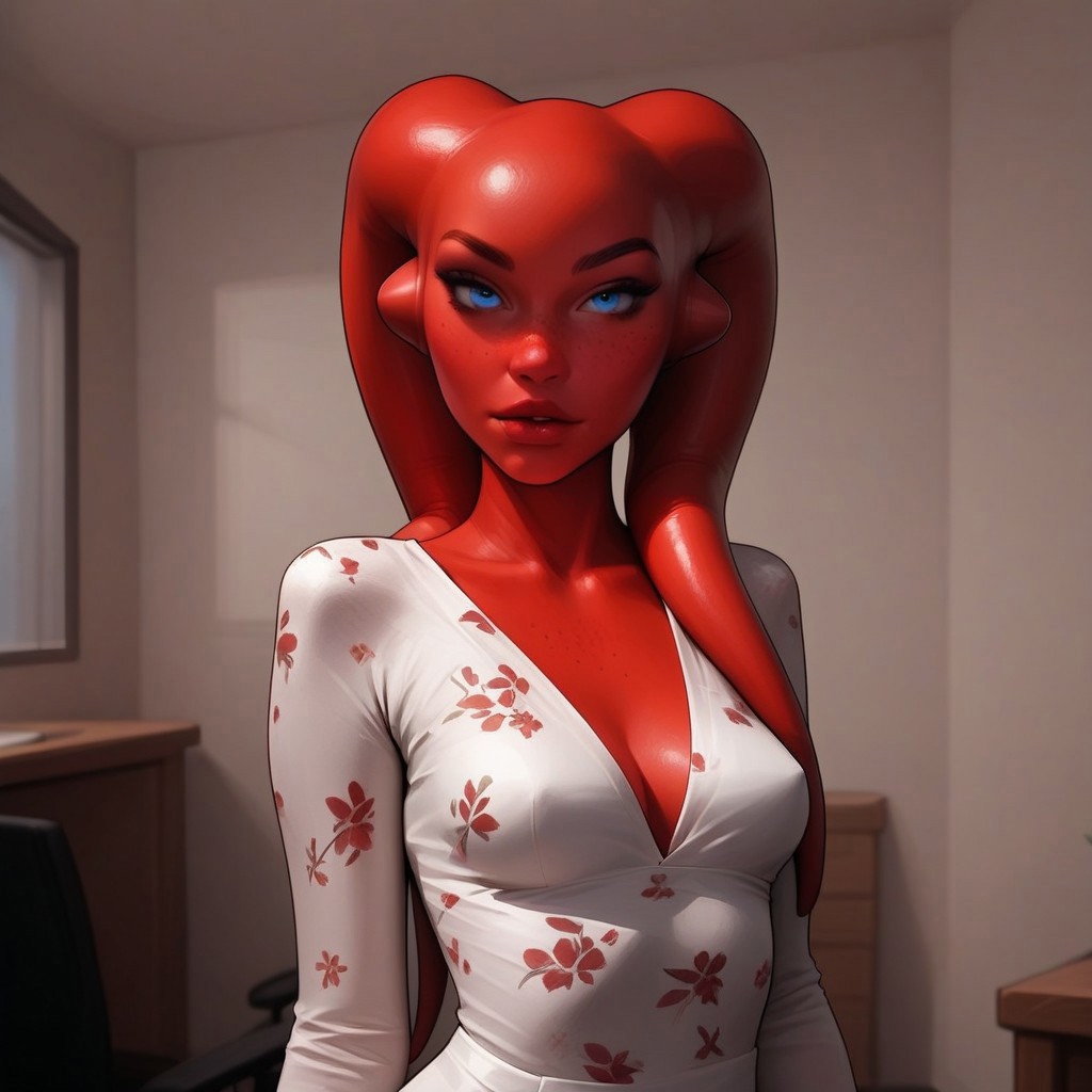 safe_pos, fHandDetail, ((Twi'lek girl, red skin, red lekku, stunning blue eyes, 18 years old)), (nubile hourglass figure, perfect tight ass, perfect medium breasts, white pubic hair, seductive look), (skin detail, freckles, moles:1.4), in an office, seductive pose, tight summer dress, floral print, (dynamic view), (realistic:1.2), 