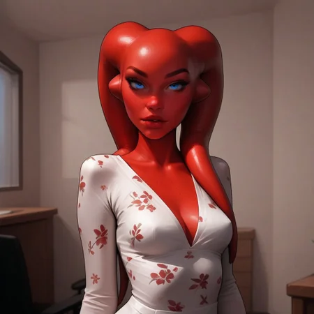 safe_pos, fHandDetail, ((Twi'lek girl, red skin, red lekku, stunning blue eyes, 18 years old)), (nubile hourglass figure, perfect tight ass, perfect medium breasts, white pubic hair, seductive look), (skin detail, freckles, moles:1.4), in an office, seductive pose, tight summer dress, floral print, (dynamic view), (realistic:1.2),