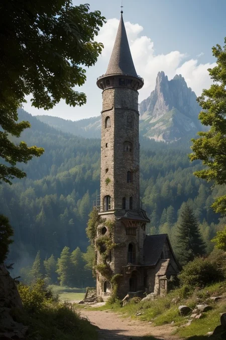 realistic analog photo, award winning photo, vary wide shot of magic stone witow tower:1.3, (Military watchtower), scenery, fantasy, Mountain top, path, nature, outdoors, RAW, highres, 8k, uhd, High Dynamic Range, tonemapping, crisp details,