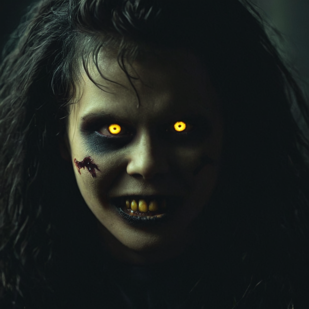 cinematic film still of  <lora:add-detail-xl:0.1>1
<lora:detailed:0.3> realism
<lora:perfection style:0.2> perfect
<lora:eyetune:0.6>
<lora:xl_more_art-full_v1:0.1>
<lora:Ron Fricke style:0.3>
<lora:Unreal Engine style:0.3>
<lora:TeethXL:0.3>
<lora:Chiaroscuro Lighting Style:0.3>
 <lora:The exorcist style:1>
Demon possessed monster creature woman a creepy looking person with a knife in his hand, gothic, dim, different, horror movie themed, sharp, detailed, epic photography, artistic, dramatic light, cinematic style, film style, exorcist style, solo, looking at viewer, smile, black hair, 1boy, yellow eyes, male focus, grin, blood, glowing, glowing eyes, colored sclera, black sclera, dark, horror (theme), long hair, saliva
, shallow depth of field, vignette, highly detailed, high budget, bokeh, cinemascope, moody, epic, gorgeous, film grain, grainy