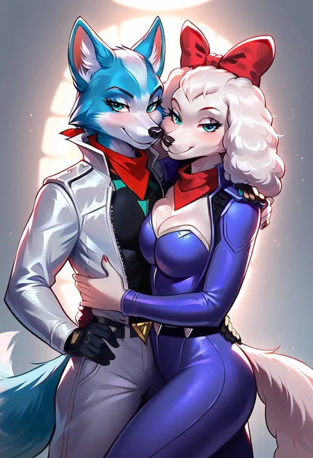 score_9, score_8_up, score_7_up, score_6_up, score_5_up, highest quality, detailed, great lighting, beautiful, masterpiece, 4k, clean, crisp, cinematic, 2girls, duo,
BREAK
Krystal_StarFox, blue fur, anthro fox, fox girl, white muzzle, blue hair, blue jumpsuit,
BREAK
Fay sinclair, white fur anthro poodle, cocker spaniel, dog girl, flufy ears, teal jumpsuit, red neckerchief,
BREAK
embrace, hug, standing, anthro, curvy, clothed, open jacket, looking at viewer, bedroom eyes, seductive look, side by side, smile, equal height