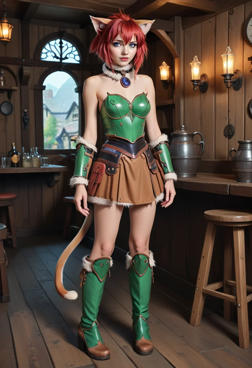 marinbravesoul, 1girl, solo, standing leans to wooden wall, ( full body shot:1.1), solo, blue eyes, cat ears, cat tail, red hair, brown skirt, green armor, bare shoulders, fur chocker, looking at viewer, brown boots, indoor, fantasy tavern, <lora:MarinBraveSoulPonyV3_B1_Warm:0.95>, score_9, score_8_up, score_7_up,