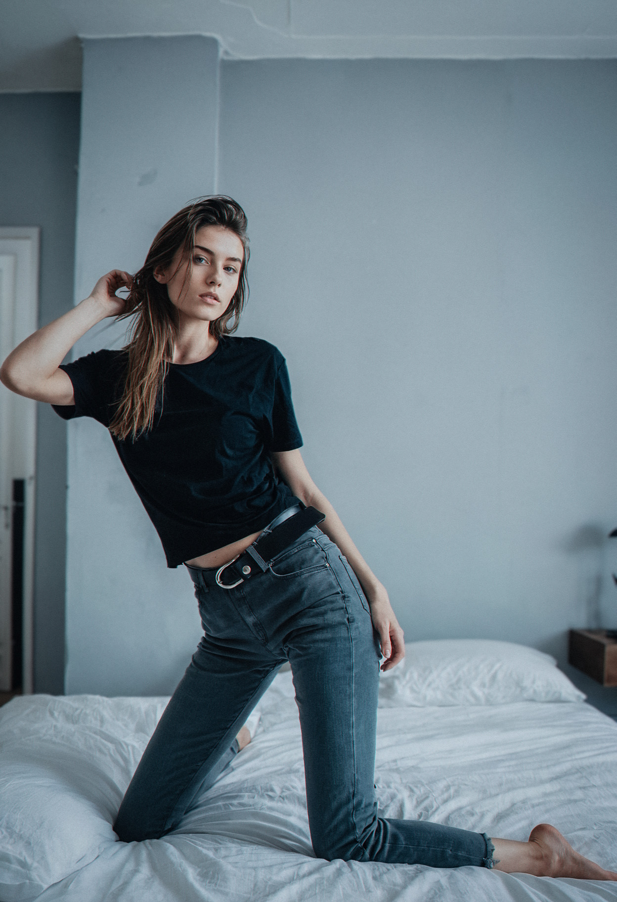 RAW photo (by photographer Alessio Albi:1.1), 
female, ultra-detailed selfie photo, leaning forward reaching viewer, black t-shirt, oversized t-shirt, long shirt, black jeans, white belt, 
dutch angle, grey walls, blue bed, undercut, from side, sideways glance,
<lora:add_ADXL:1> 