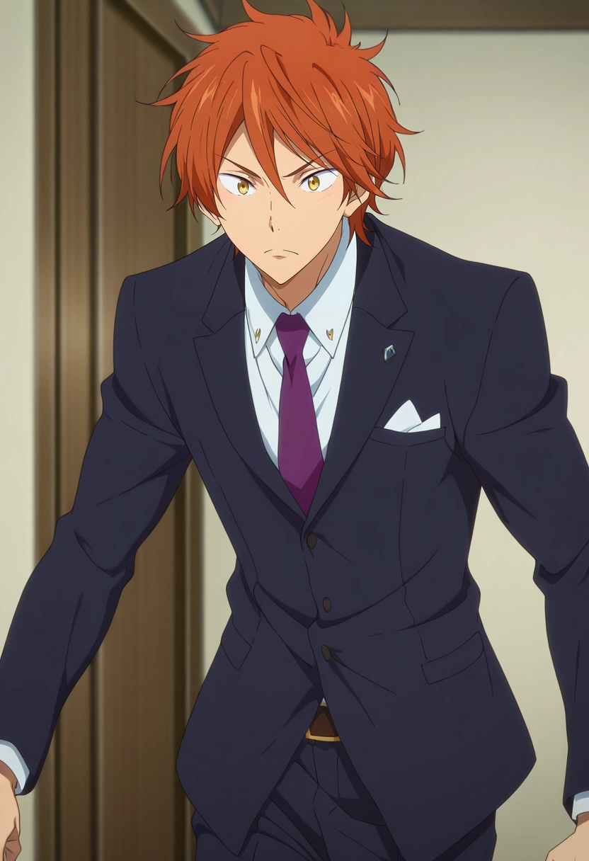 masterpiece, best quality, , anime screencap, anime coloring, official style, , 1boy, solo, male focus, <lora:momotarou_mikoshiba_ilxl:0.96>, momotarou_mikoshiba, orange hair, yellow eyes, , suit pants, tam