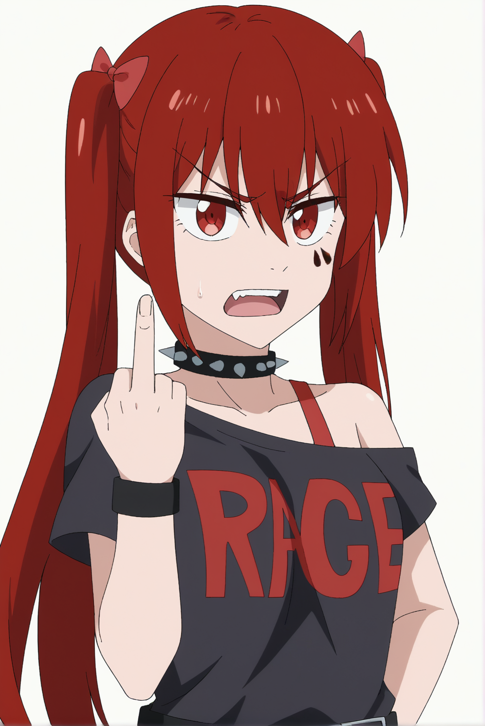 <lora:Anarchy:0.8>, white background, upper body, Anarchy, 1girl, solo, open mouth, collar, spikes, spiked collar, middle finger