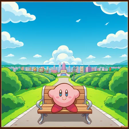 good anatomy, high quality, score_9, score_8, good quality, (((spp style:1, flat color:1, thick outlines))),((kirby, smile, looking at viewer)), walking, grass, detailed background, clouds, sky, blue sky, street, park, bench, city