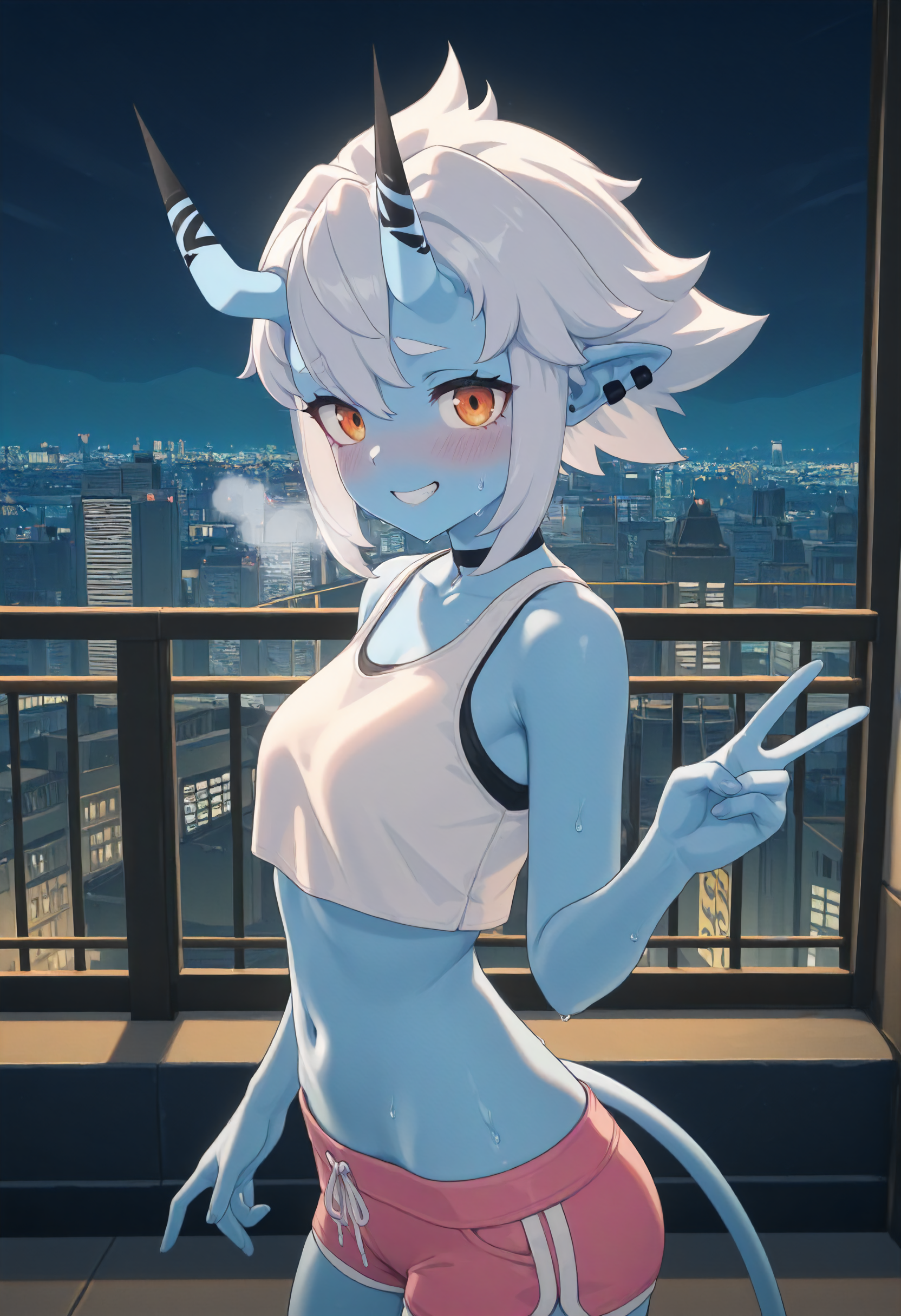 masterpiece, best quality, amazing quality, very aesthetic, absurdres, newest, scenery, volumetric lighting, perfect eyes, ultra detailed,
1girl, Soukaku, solo, blue skin, white hair, sideburns, oni horns, oni ears, ear piercings, orange eyes, demon tail, eyelashes,
choker, sports micro shorts, pink shorts, white tank top, midriff, navel,
side view, from the side, standing, looking at viewer, shy smile, nervous grin, blushing, sweating, visible breath, peace sign,
city, night sky, beautiful frame, backlighting, detailed background,
<lora:Soukaku_-_Zenless_Zone_Zero_ZZZ__Illustrious:1>
masterpiece, best quality, amazing quality, very aesthetic, absurdres, newest, scenery, volumetric lighting, perfect eyes, ultra detailed,