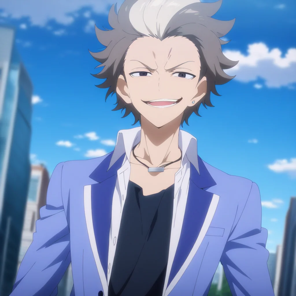 <lora:Takuma_Seiya>,takuma kibakura,1boy,male focus,solo,jewelry,smile,cloud,open mouth,building,outdoors,upper body,smug,sky,day,dutch angle,city,looking at viewer,cloudy sky,blazer,smirk,blurry,necklace,teeth,white collared shirt,black shirt,anime screenshot,masterpiece,high score,great score,absurdres,